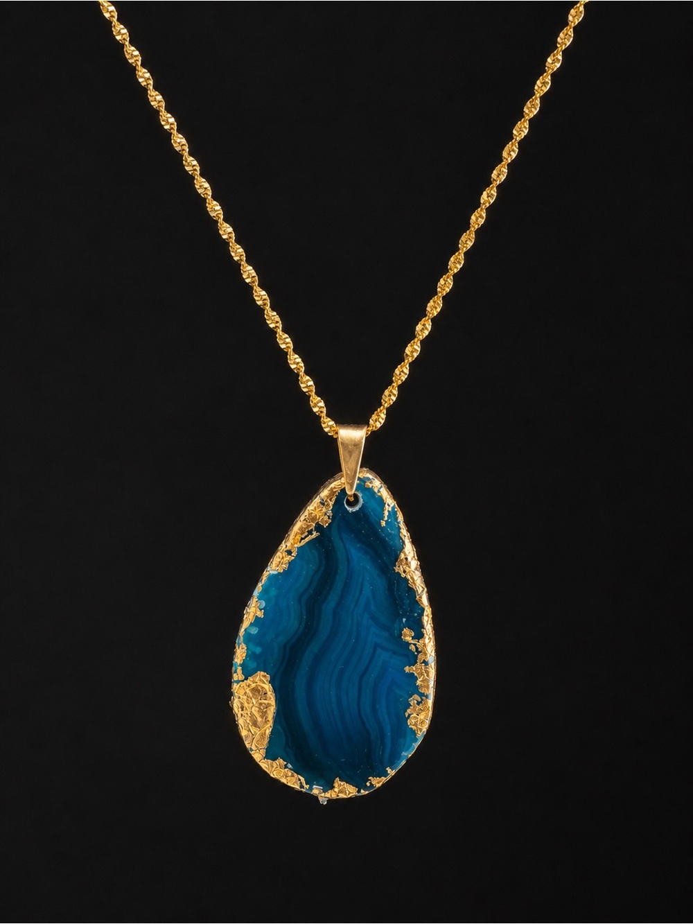 Handmade Blue Agate Pendant Necklace Gold Plated 45cm Statement Jewelry - Picture 8 of 8